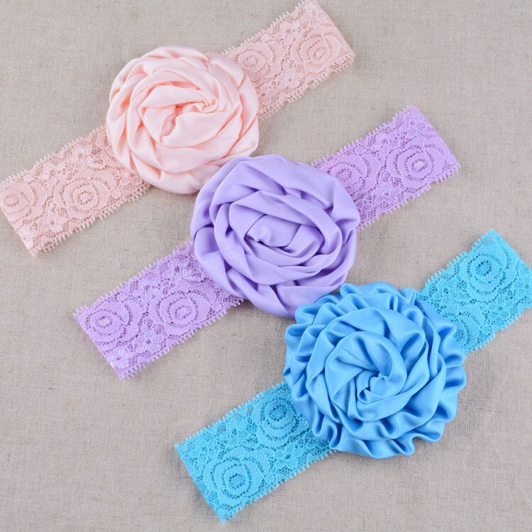 Children's Hair Bands Hair Accessories Flowers Wholesale Vintage Satin Rose Buds with Colourful Stretch Lace Hair Bands
