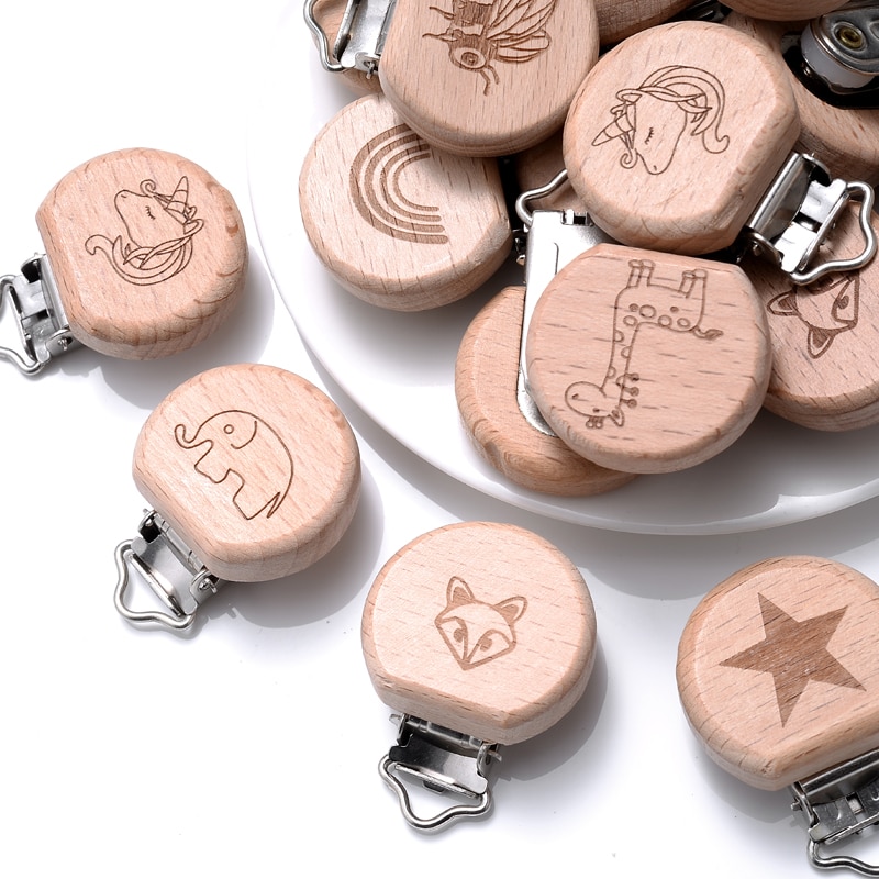 5Pcs/Lot Baby Wooden Clips Pacifier Dummy Clip Holder Natural Beech Wood Soother Clasp Metal for Baby Feeding Accessories