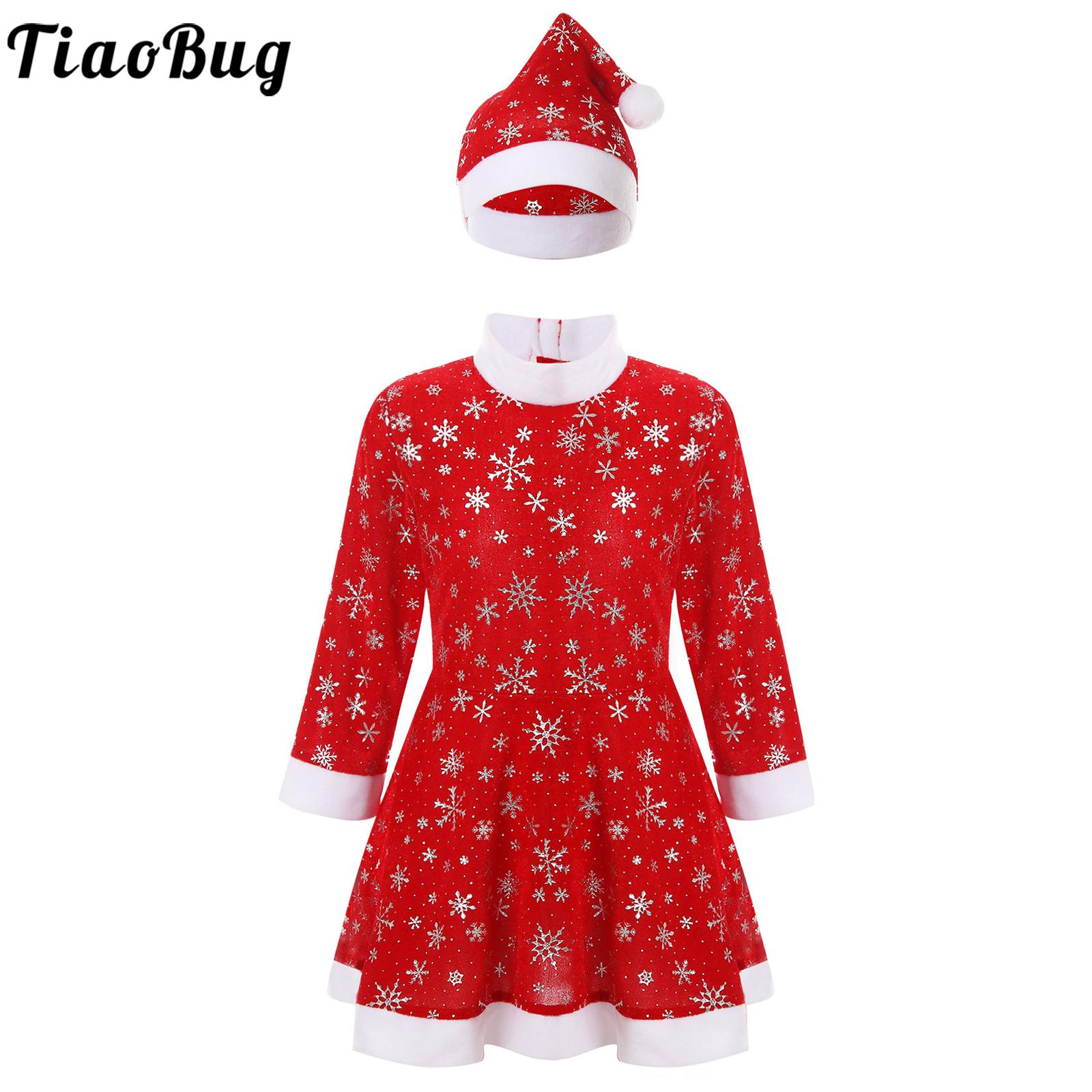 Kids Girls Christmas Costume Xmas New Year Festival Cosplay Dress Snowflake Long Sleeve Turtleneck Santa Clause Dress with Hat