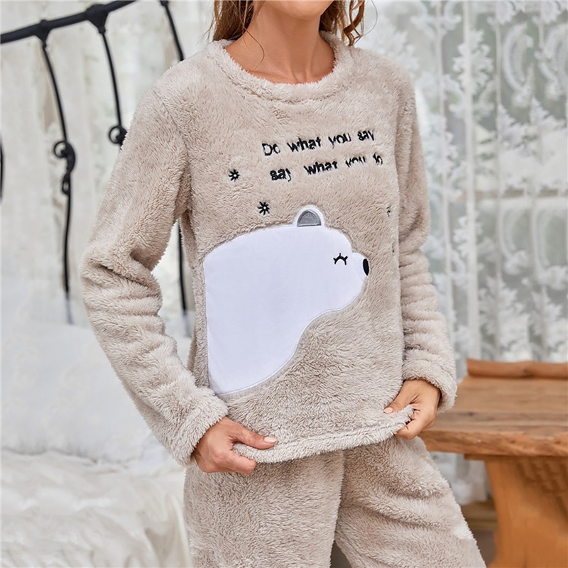 New Cute Women Winter Plush Pajama Sets 2 Pieces Female Casual Warm Home Suit Velvet Thermal Warm Pajamas