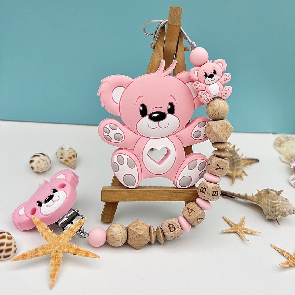 Personalized English Wooden Letters Name Baby Bear Silicone Pendant Pacifier Clips Chains Holder Teether Baby Kawaii Toy Gifts