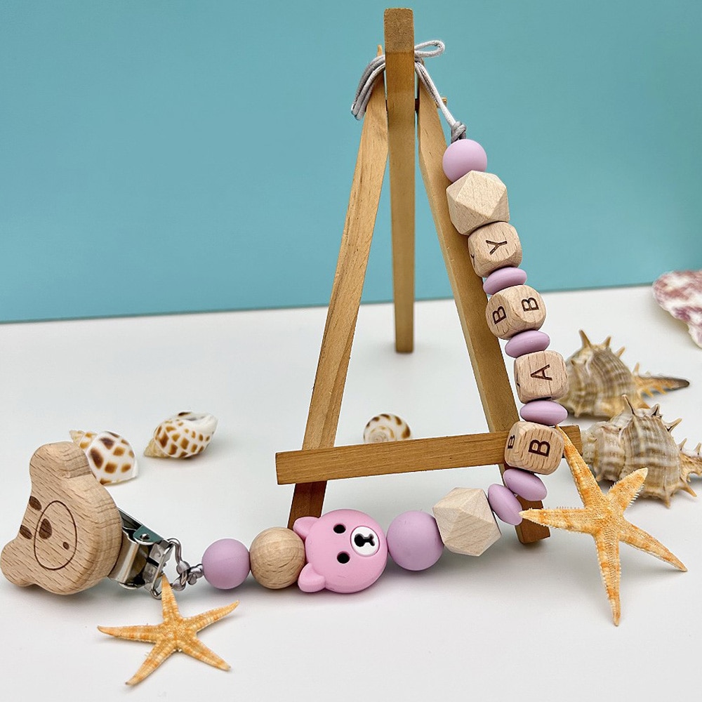 Personalized English Wooden Letters Name Baby Polar Bear Silicone Pendant Pacifier Clips Chains Holder Teether Baby Kawaii Gifts