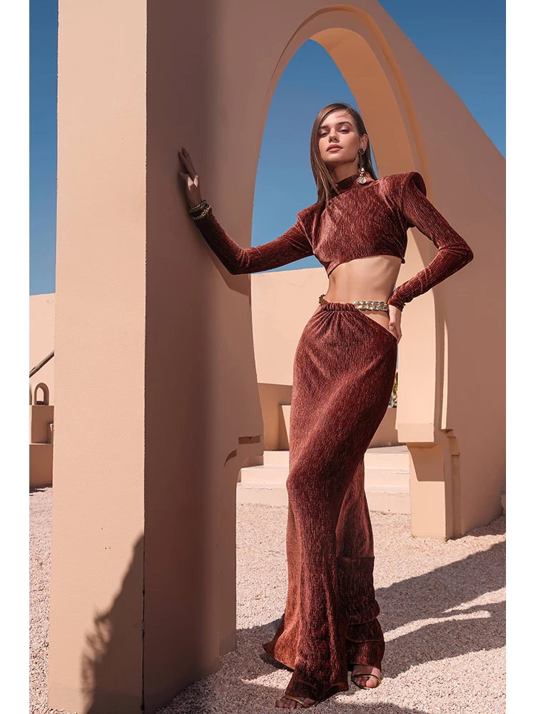 Sexy Long Sleeve High Collar Top+Chain Long Skirts 2 Piece Set Elegant Coffee Chain Hollow Out Slim