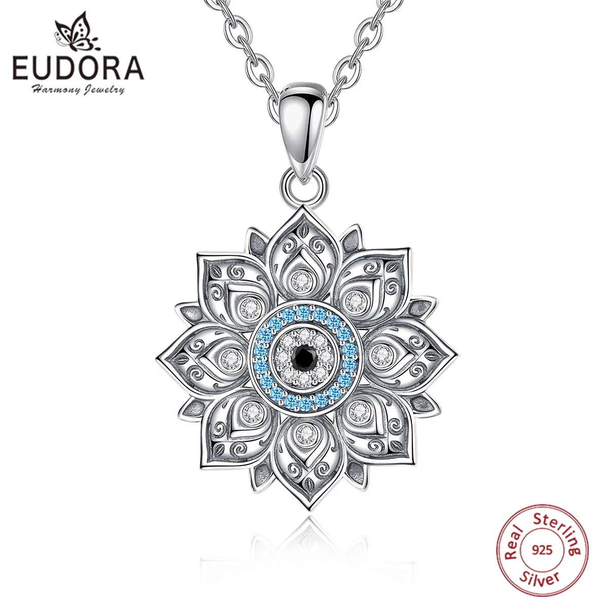 Eudora 925 Sterling Silver Lotus Evil Eye Necklace for Women Man Vintage Evil Eye Lotus Flower