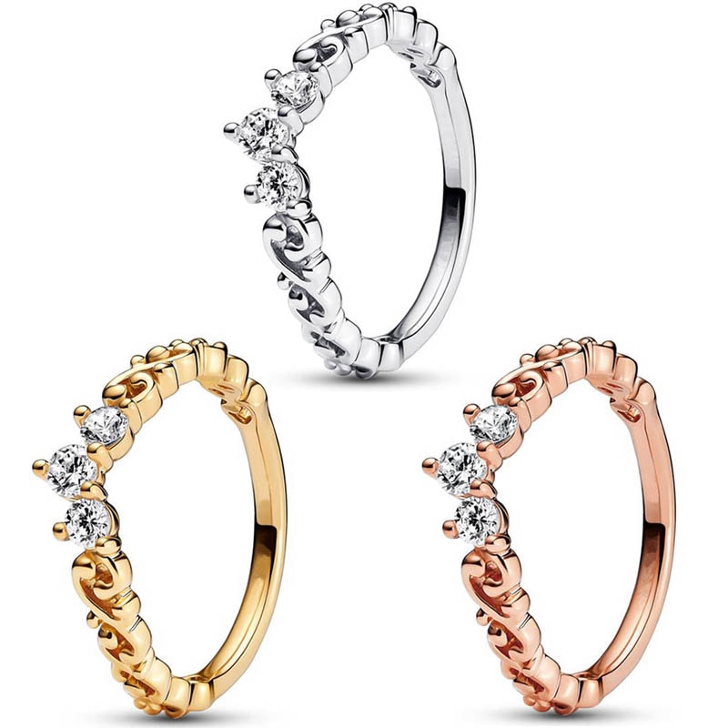 Rose Golden Shine Diadem Crown With Crystal Ring 925 Sterling Silver Ring For Women Wedding Party Gift Europe Fine Jewelry