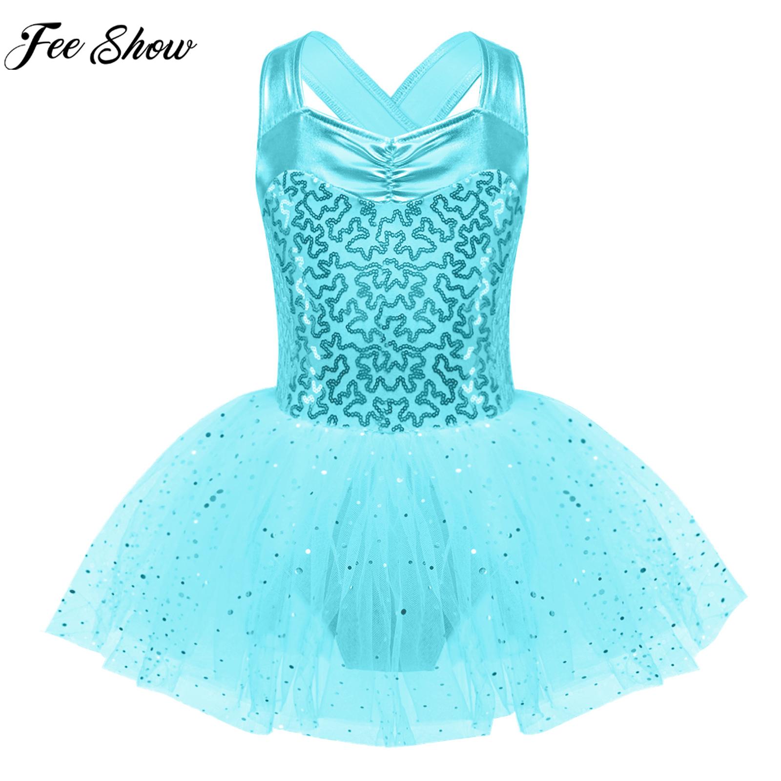 6-16Y Girls Sleeveless Shiny Sequins Mesh Tutu Party Dress Ballerina Ballet Dance Gymnastics Performance Leotard Dress Dancewear