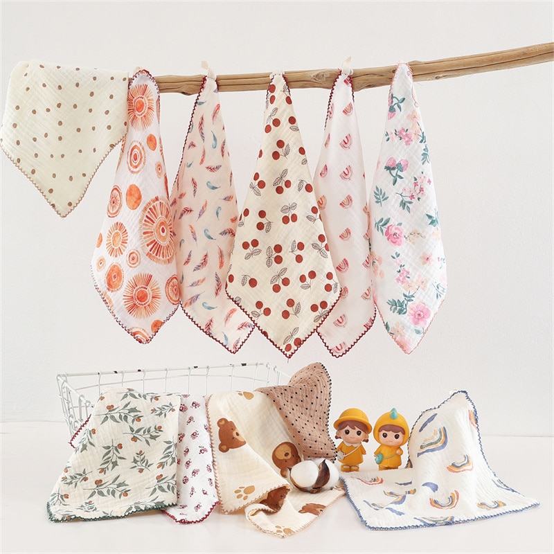 Baby Cotton Four-layer Gauze Printed Square Towel Infant Multifuncation Handkerchief Burp Cloth Comfort Towel Lace Bibs