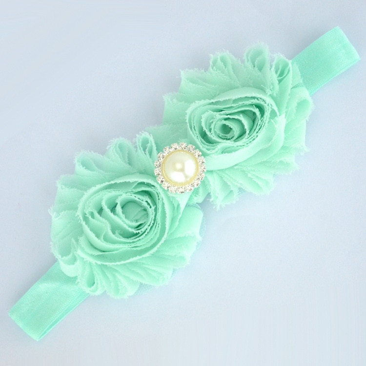FBE CDG Pearl Rhinestone Shabby Chiffon Flower with Stretchy Shiny Hairband Children's Hair Accessories Set