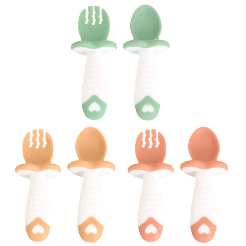 2pcs Baby Self Feeding Fork Spoon Set Kids Utensils for Over 6 Months Babies H055