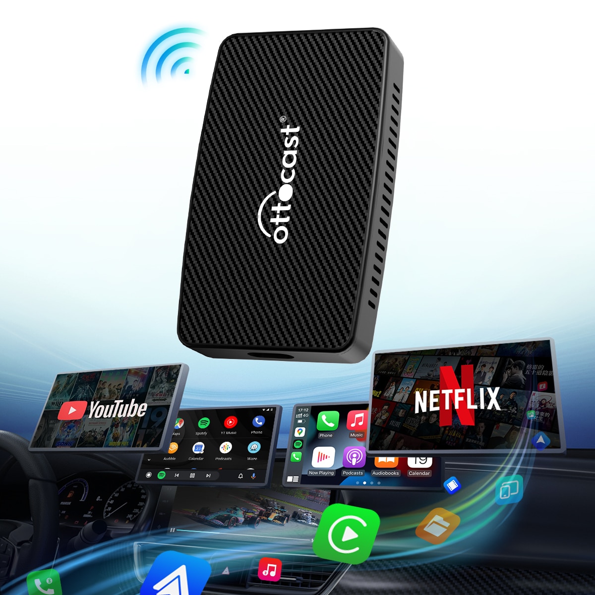 OTTOCAST Play2Video Wireless CarPlay Android Auto All-in-one Adapter Built in Youtube Netflix Video Playback Car Dongle Adapter