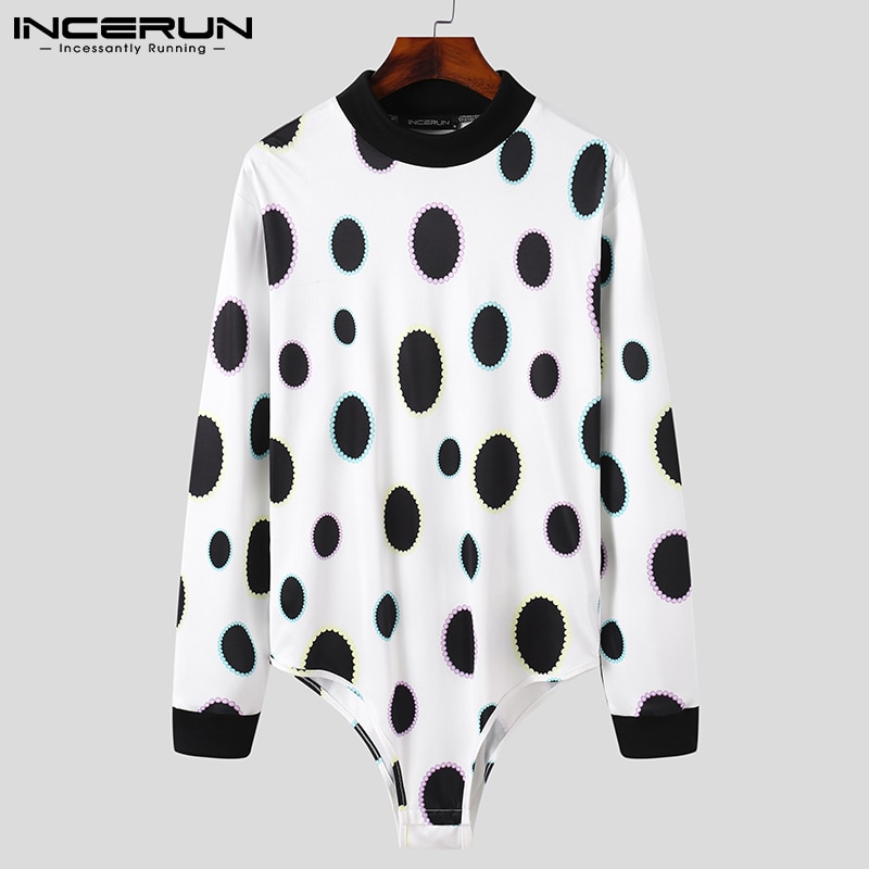 2022 Men Bodysuit Printing Turtleneck Pajamas Long Sleeve Streetwear Casual Rompers Underwear Sexy Men Bodysuits S-5XL INCERUN