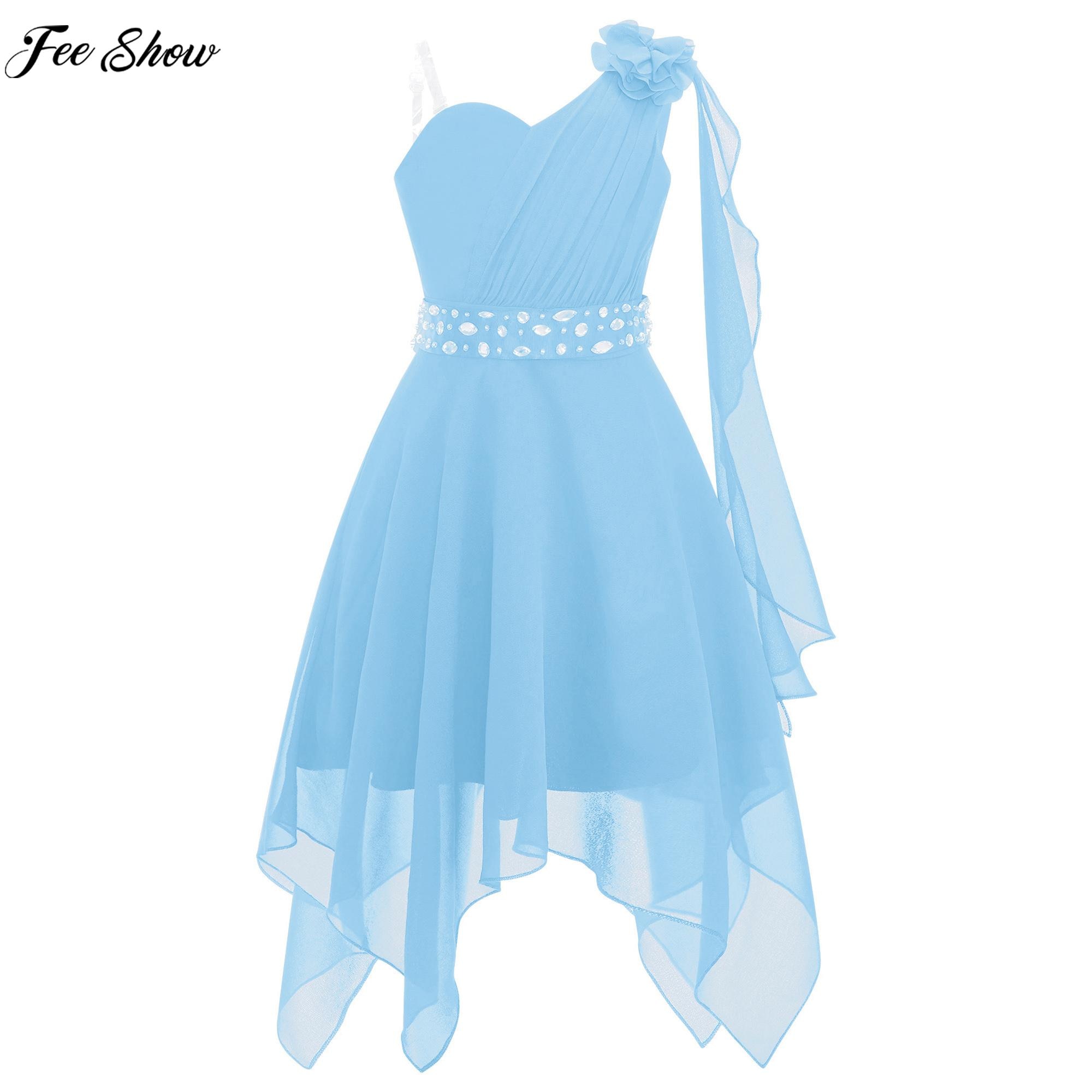 Kids Girls Elegant Party Dress Sleeveless Ruched Applique Asymmetrical Hem Chiffon Princess Dresses for Wedding Birthday Prom