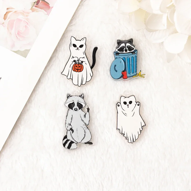 8Pcs Funny Cute Raccoon Charms Ghost Cat For Earring Keychain Pendant Necklace Diy Making