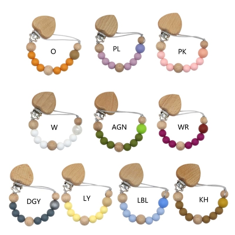 67JC Cute Wooden Beads Pacifier Holder with Clip Wooden Teething Toy Modern Unisex Baby Shower Birthdays Christmas Gift