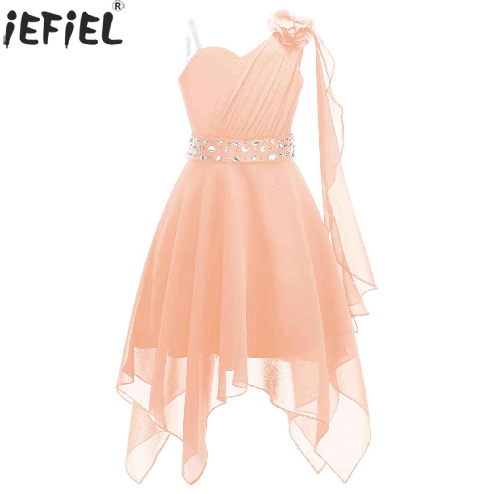 6-16Y Kids Wedding Girls Dress Sleeveless Elegant Ruched Applique Asymmetrical Hem Chiffon Princess Birthday Prom Party Dresses