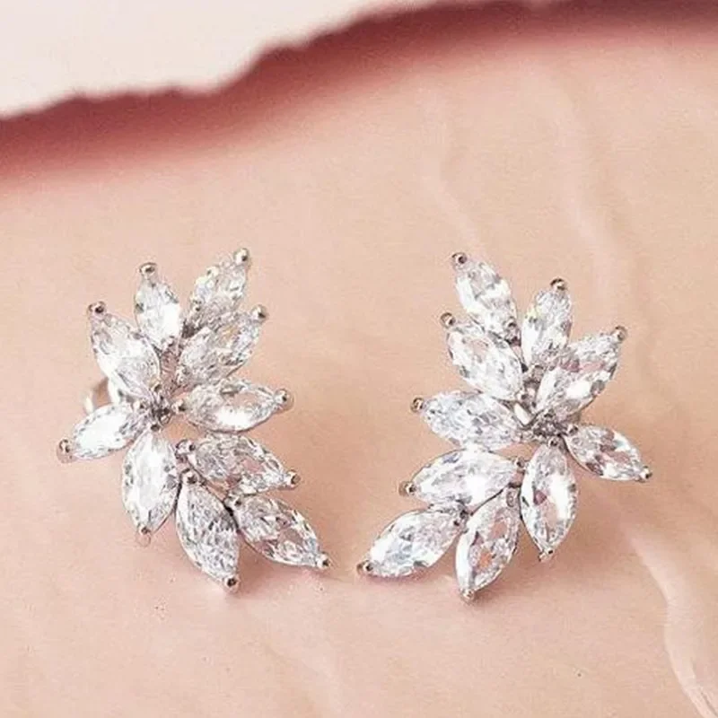 Huitan Chic Leaf Stud Earrings with AAA Marquise Cubic Zirconia Delicate Accessories for Women
