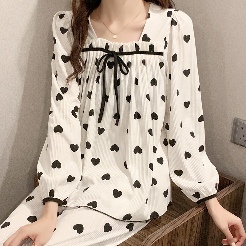 Female Cotton Long Sleeve Pajamas Set Print Sweet Heart Pijamas Suit Sleepwear Spring Autummn Casual Home Clothes Lounge Wear