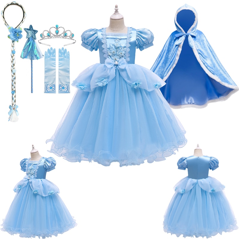 Summer Style Snow Queen Cartoon Princess Dress for Girls Fantasia Kids Lace Flower Tulle Puff Sleeve Elsa Birthday Party Dresses