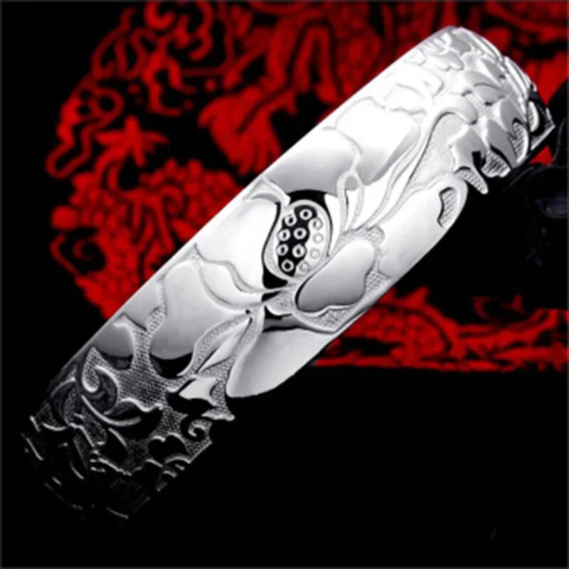925 Sterling Silver Lotus Buddhist Bracelet For Women Cuff Bangle Luxury Quality Jewelry   Christmas