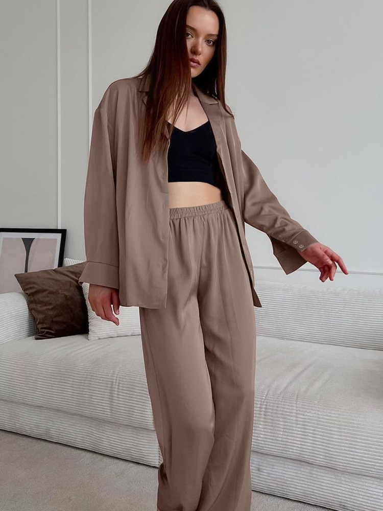 Linad Brown Pajamas For Women Loose 2 Piece Sets Cotton Long Sleeve Sleepwear Female Casual Trouser Suits Solid Spring 2023