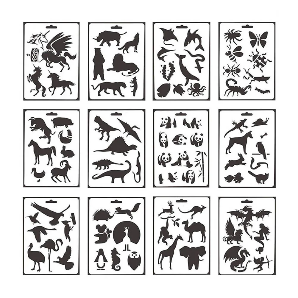 Children 12Pcs/Set Plastic Animals Painting Template For DIY Albums Painting Craft