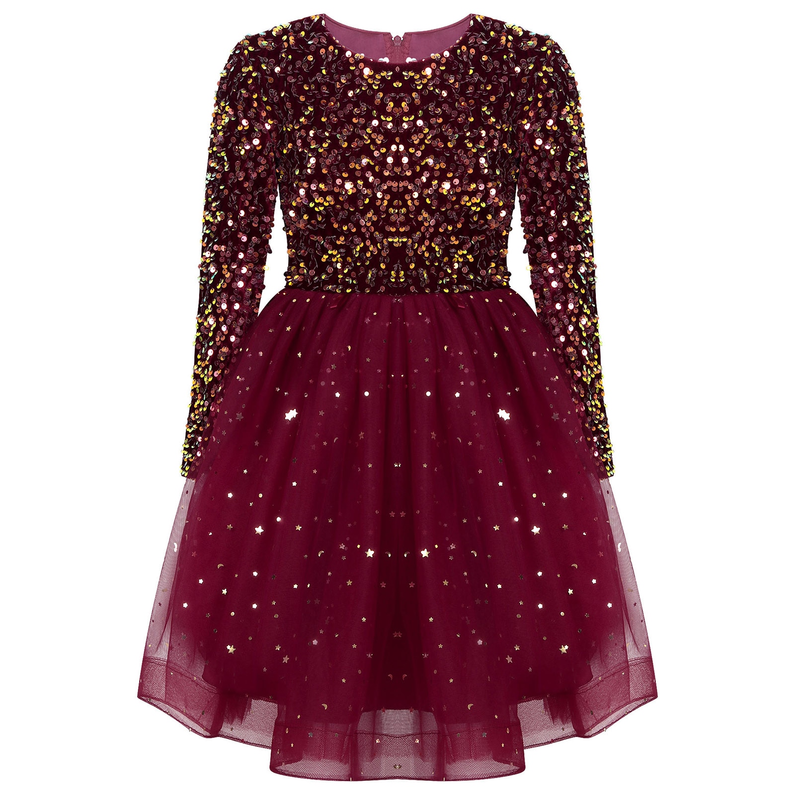 Autumn Girls Princess Dress Festive Wedding Pageant Ball Gown Long Sleeve Sequin Velvet Tulle A-Line Dress Birthday Party Dress