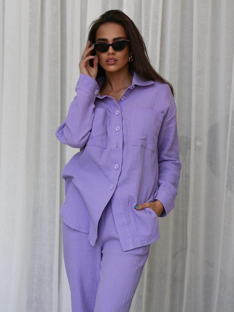 Hiloc Double Pockets Trouser Suits Purple Sleepwear Women Pajama Single-Breasted Pajamas Female Winter Full Sleeve Women's 