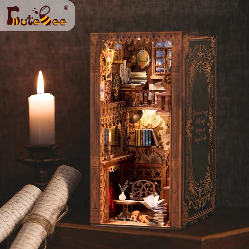CUTEBEE DIY Book Nook Miniature House Booknook Shelf Insert Retro Eternal Bookstore Led Lights Model