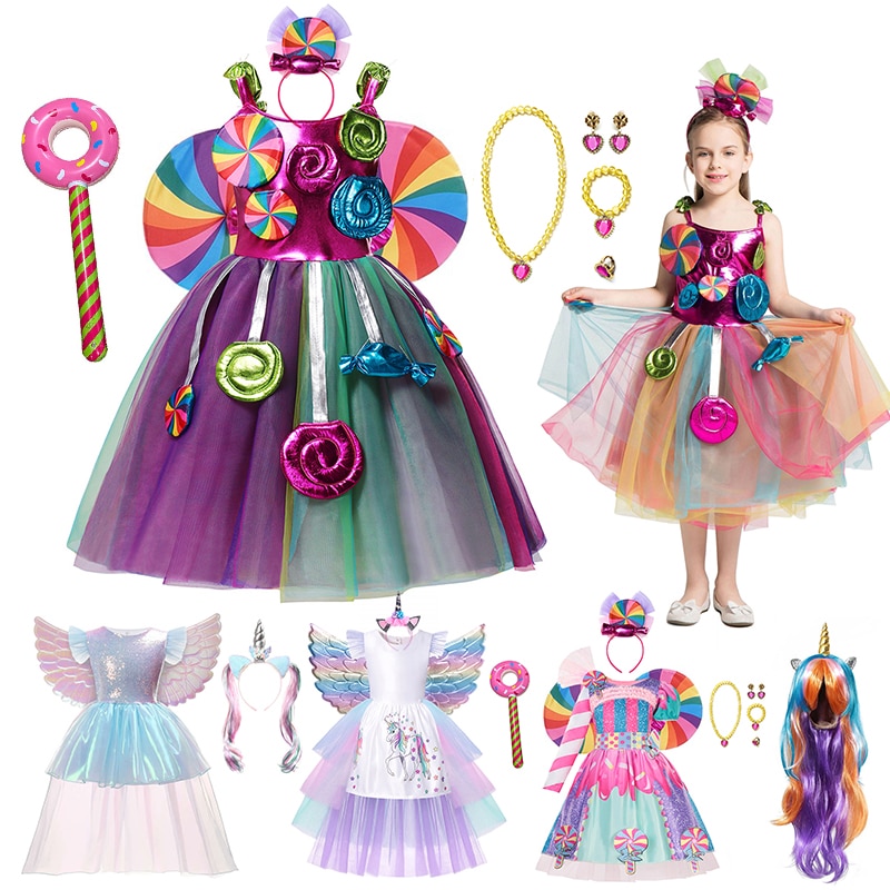 Costumes for Girls 2023 Prium Princess Candy Dress Girl Lollipop Party Clothing Rainbow Unicorn Kids Cosplay New Year Dress