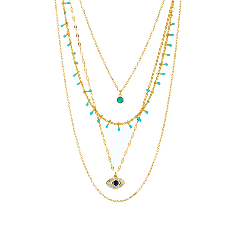 DIEYURO 316L Stainless Steel Jewelry Multilayer Green Stone Eye Necklaces For Women Vintage Chokers