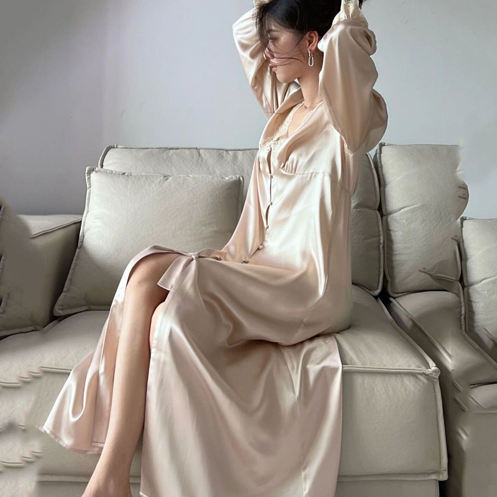 Plus Size Long Women Nightdress French Palace Style Princess Sleepwear Nightgown Sexy Lace Bathrobe Home Dress Casual Loungewear