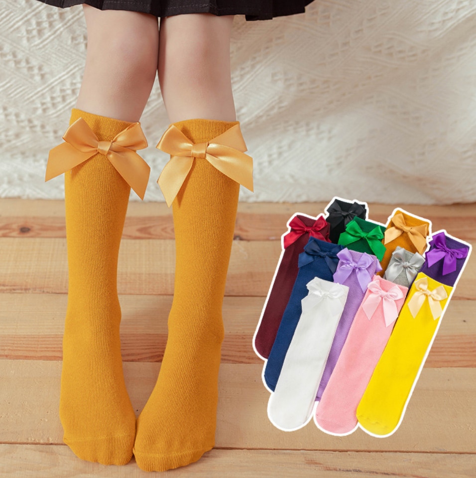 Baby Girls Big Bow Knee High Candy Color Long Socks Girls Student Princess Red Socks Children Sweet Cotton Stockings