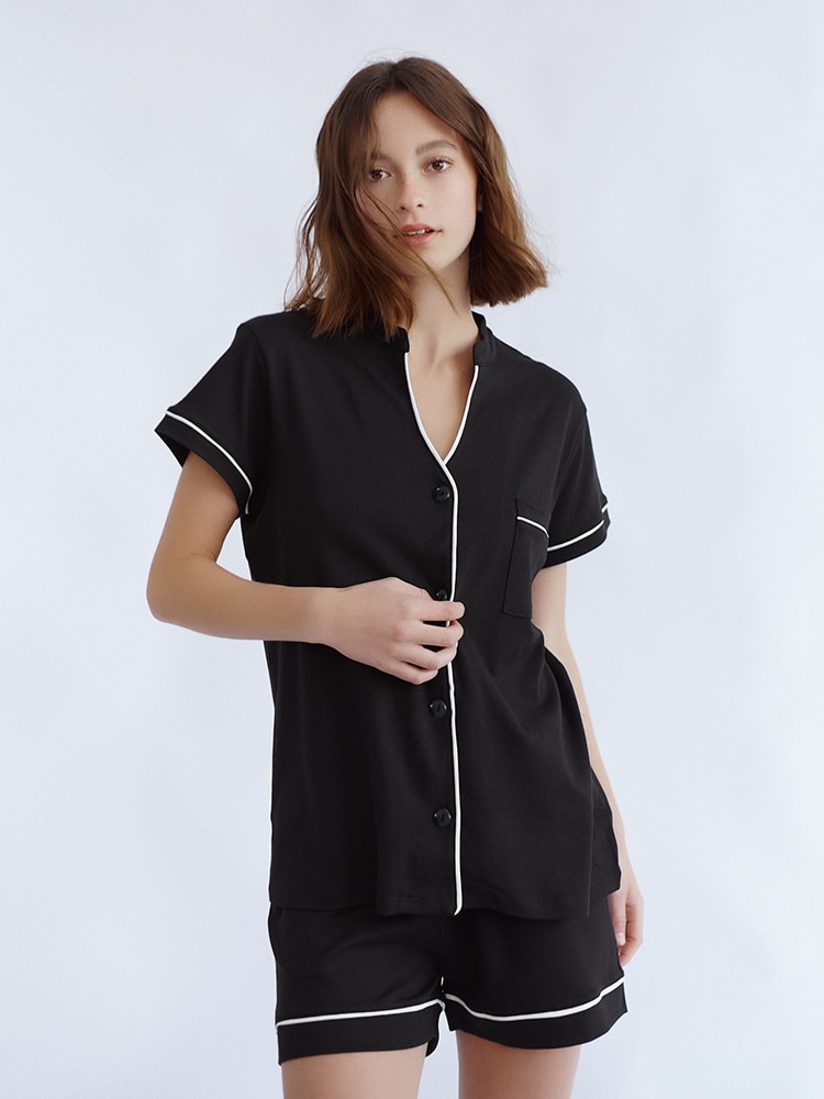 Hiloc Black White Knitted Sexy Nightwear Pocket Short Sleeves Pajamas For Women Short Sets Single-Breasted V-Neck Loungewear