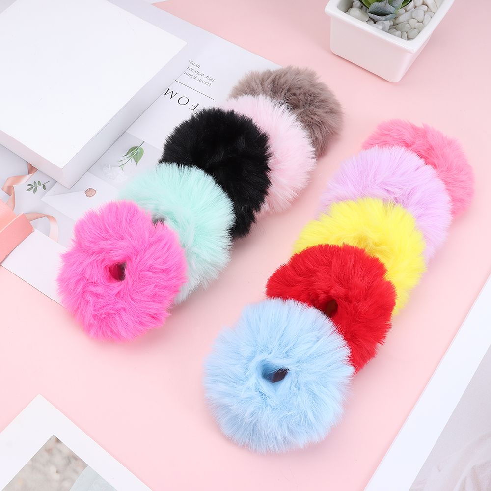 Women Girls Fuzzy Elastic Hair Bands Winter Fur Hair Scrunchies Pom Pom Hair Tie with Faux Rabbit Fur Ponytail Hair Holders