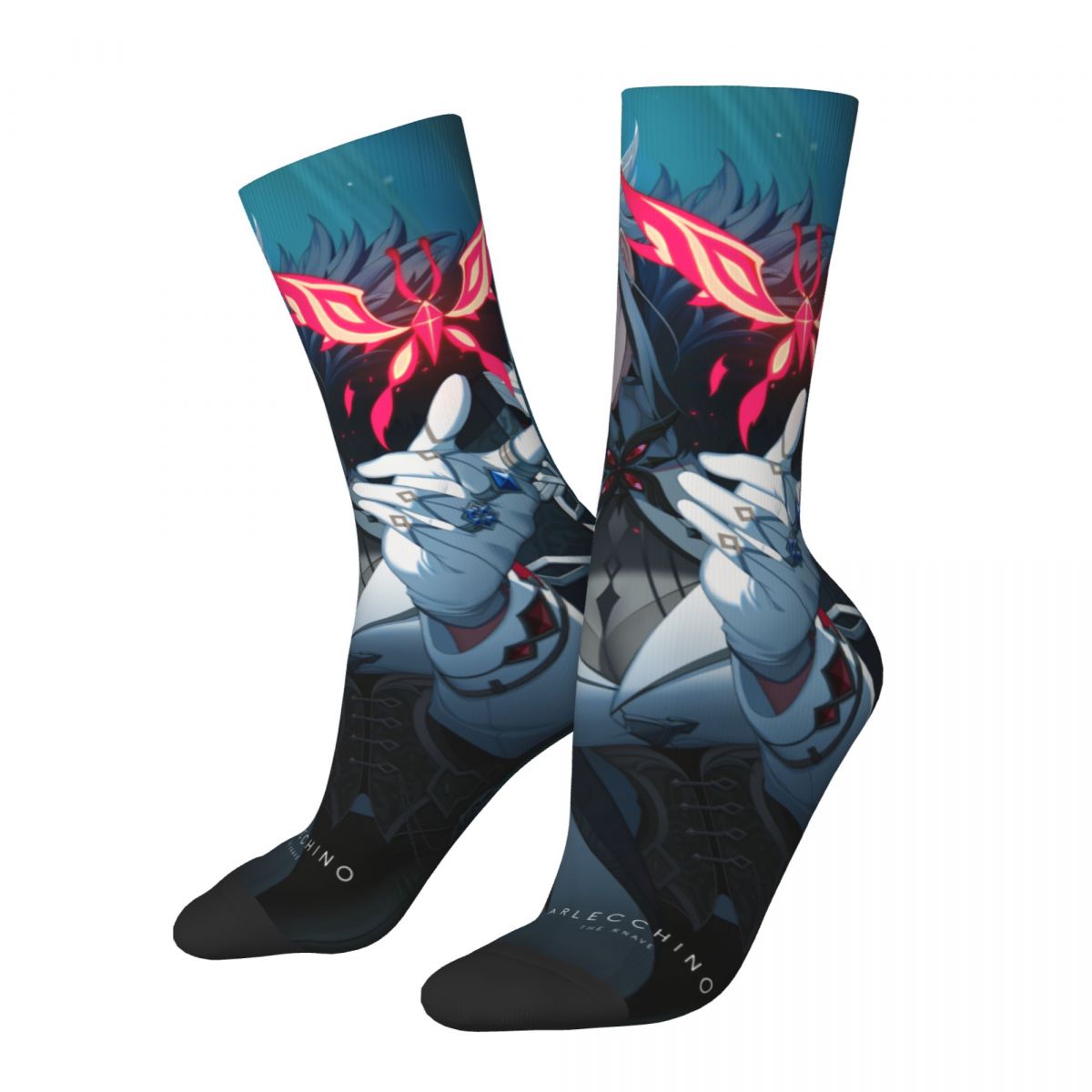 Funny Crazy Sock for Men Arlecchino Butterfly Hip Hop Vintage Genshin Impact Game Happy Printed Boys Crew Sock Novelty Gift