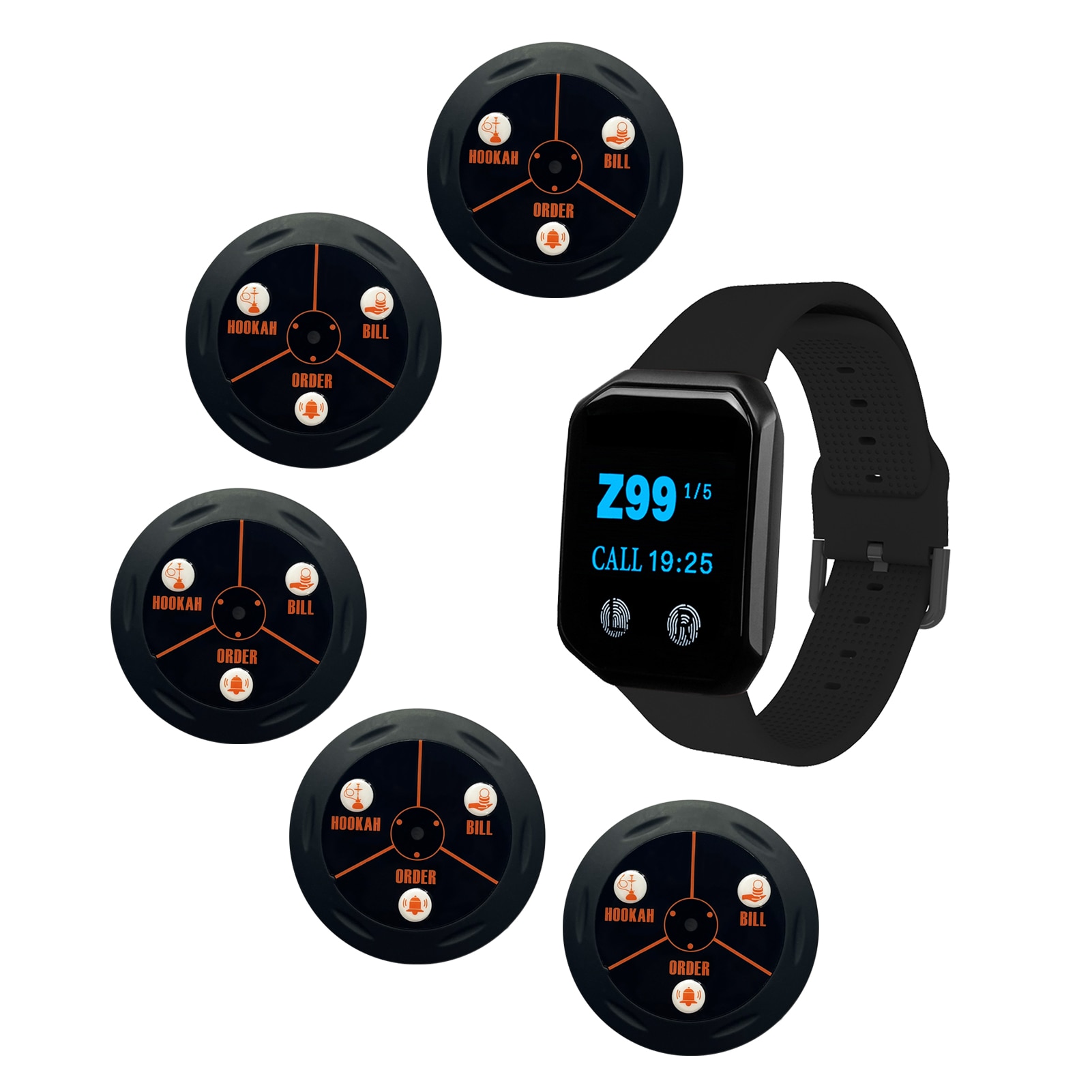 BYHUBYENG Restaurant Pager Wireless Calling System for Restaurant Office Bar Call Service 1 Watch Receiver +5 Call Buttons