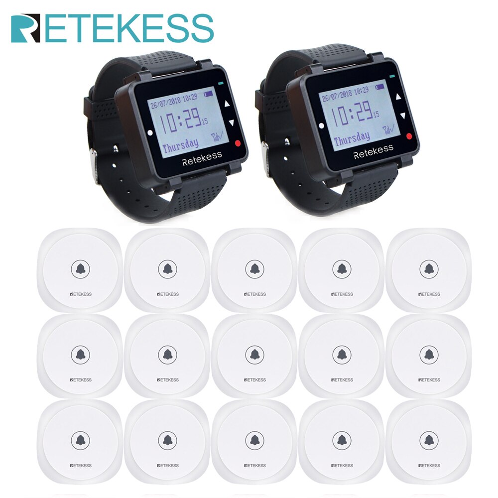Retekess T128 Restaurant Pager Wireless Waiter Calling System 2 Watch Receiver + 15pcs TD017 Call Button For Cafe Bar Clinic