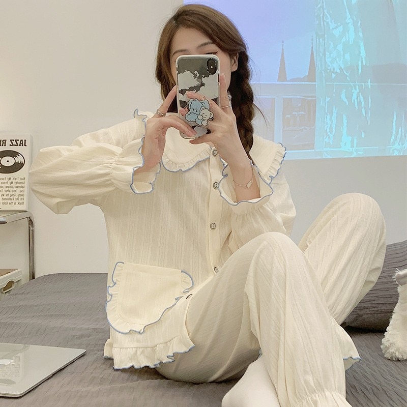 Pijama Mujer Doll Collar Sweet Pajamas Women Spring Autumn Cotton Long Sleeve Sleepwear Korean Loose Outwear Household Set