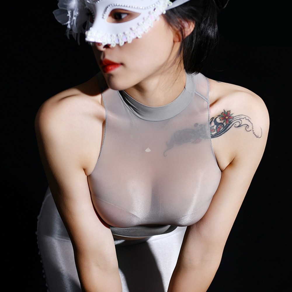 Oil Glossy Shiny See Through Crop Top Women Hot Sexy Bustier Top Sleeveless Shirt 8D Nylons Clubwear Cropped Camis Vest Croptop