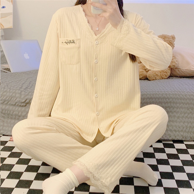 Japanese Style Housewear Suit Women's Pajamas Spring Autumn Cotton Long Sleeve Home Clothes V Neck Nightwear Pyjama Femme