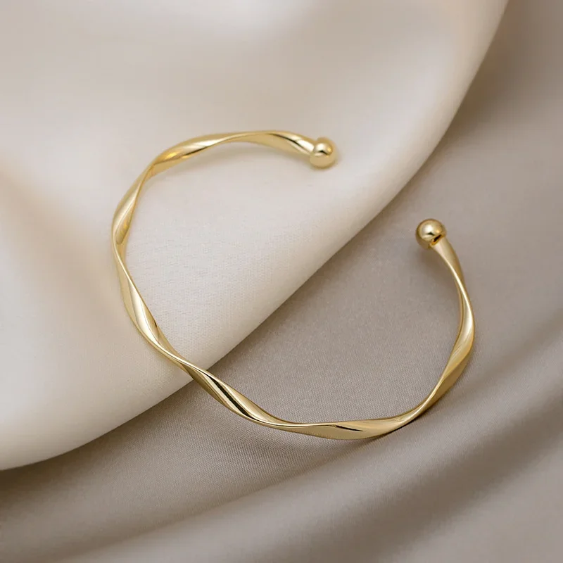 Fashion Opening Bangle Gold Color Glossy Twisted Thin Bangles For Women Female Open Minimalist Style