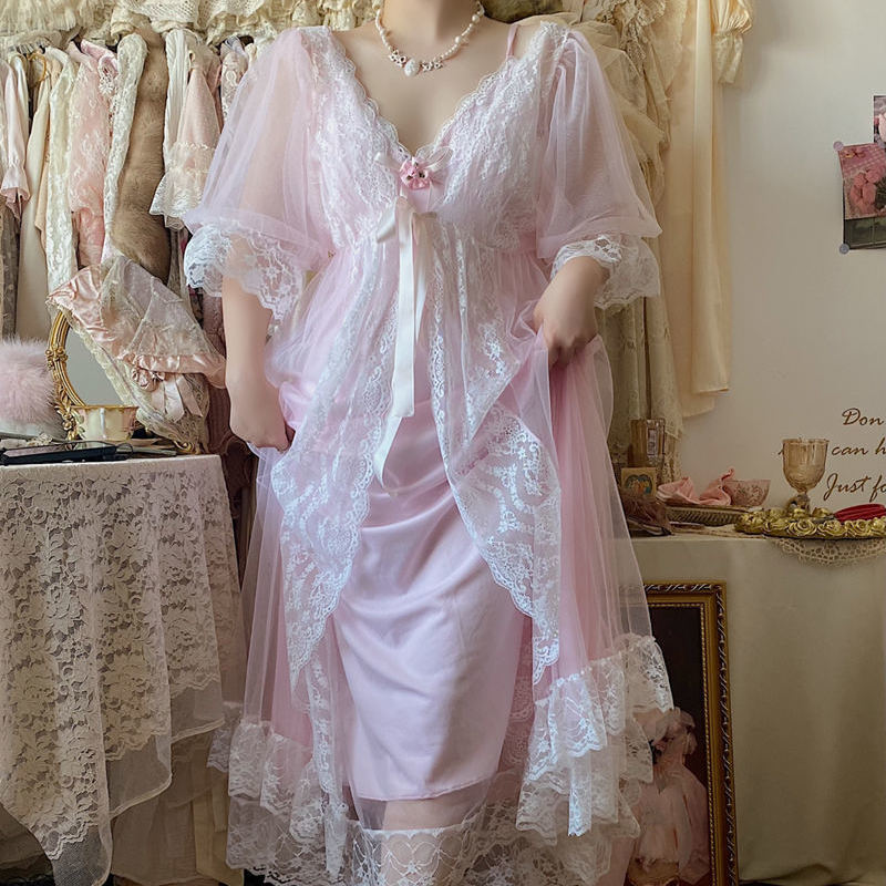 Women Pink Lace Sexy Deep V-neck Flare Sleeve French Style Elegant Ladies Nightdress Slik Sleepwear Bath Robe Female
