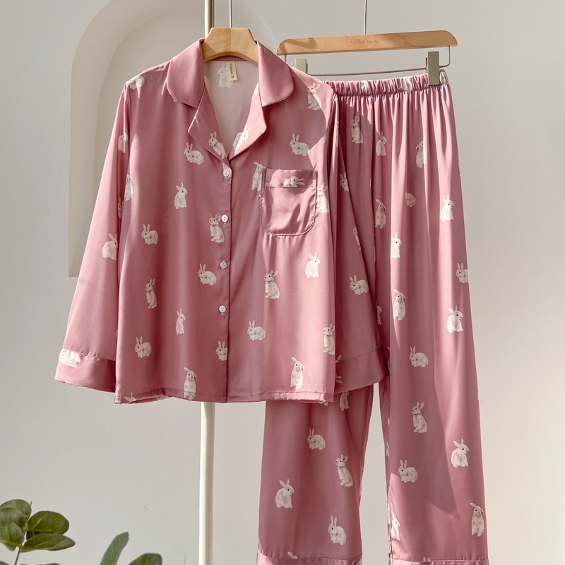 New Women Sleepwear Print Cartoon Rabbit Pajamas Set Trouser Suits Spring Summer Silk Satin Home Wear Pijamas Lounge Wear