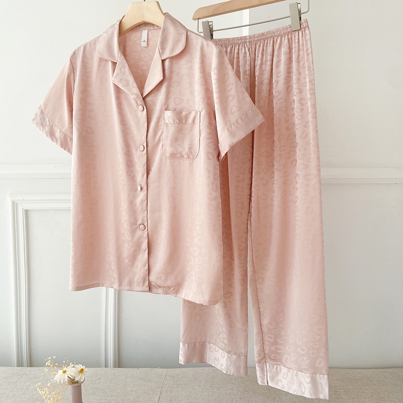 Pink Leopard Pajamas Set Spring Summer Women Sleepwear Short Sleeve Trouser Suits Loose Sailk Satin Home Clothes Lounge Wear
