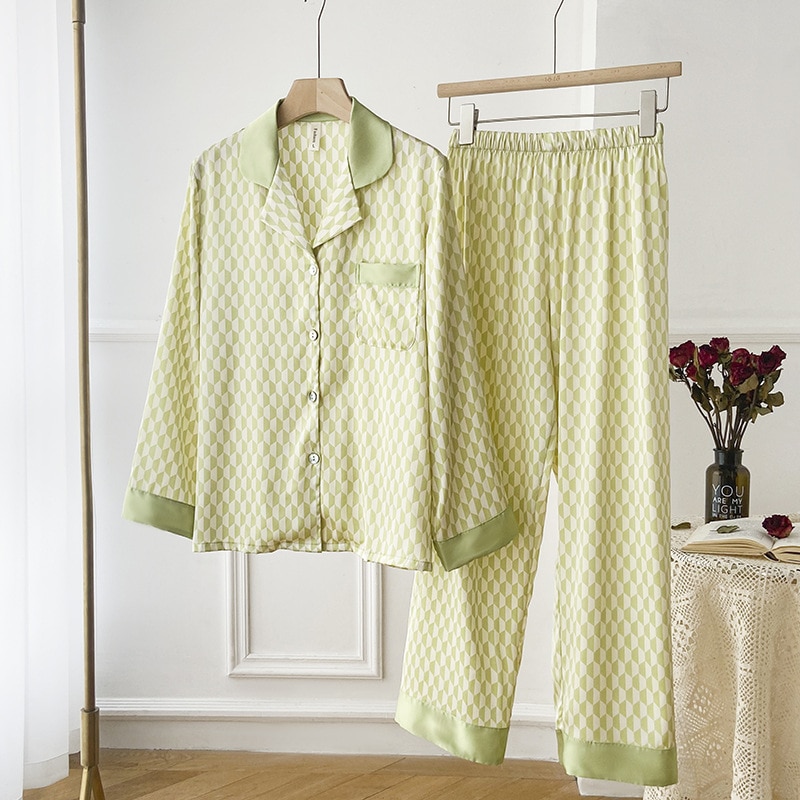 New Green Plaid Female Pajamas Set Sleepwear Spring Summer Silk Satin 2 PCS Shirt&Pant Pijamas Suit Casual Home Wear Lounge 