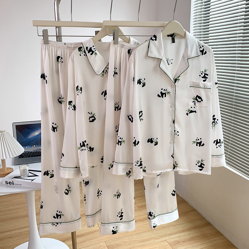 New Couple Pajamas Sleepwear Two Piece Set Spring Summer Silk Satin Nightwear Trouser Suits Print Bamboo Panda Home Clothes