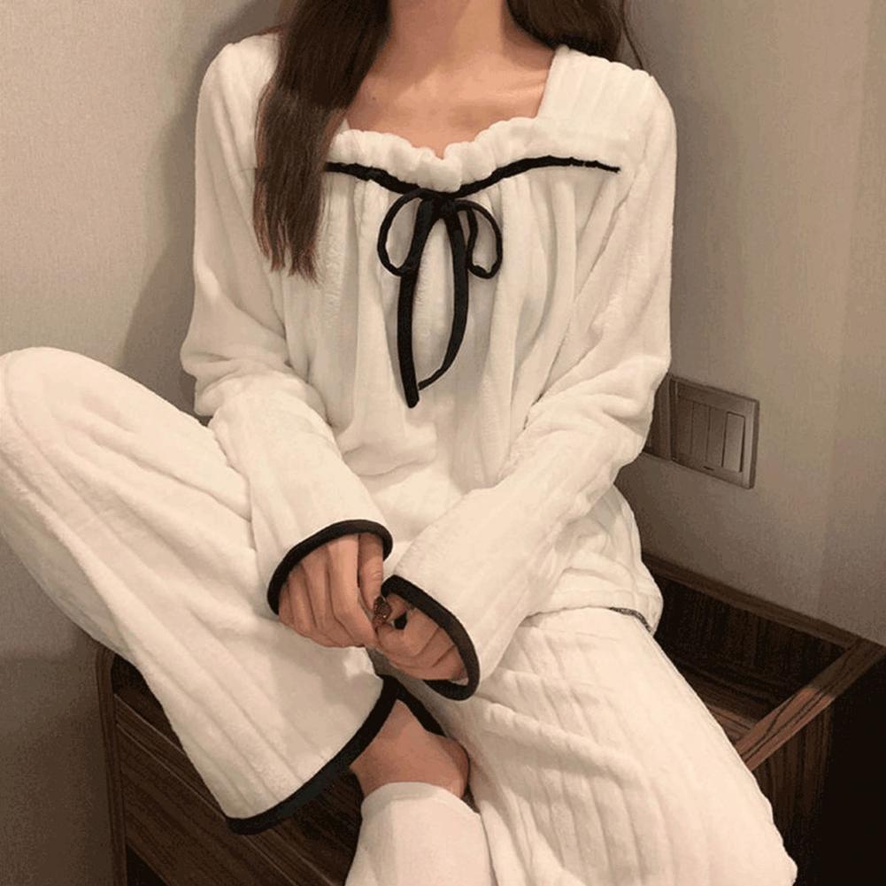 Coral Fleece Women Pajamas Winter Sleepwear Long Sleeve Top Pants Soft Bow-knot Nightie Sweet Cute Flannel Lounge Wear Homewear