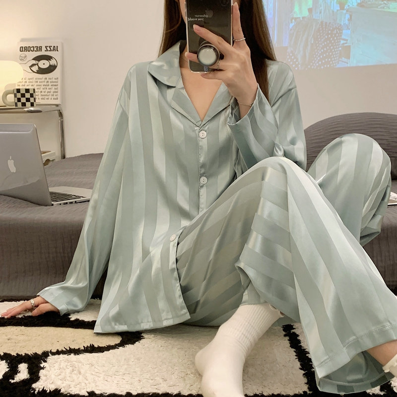 Two-piece Set Silk Pajamas Women's Summer Long Sleeve Trousers Fashionable Wearable Ladies Thin Casual Homewear Suit Sexy P