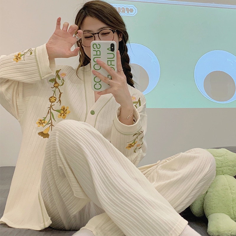 Fashion 2023 New Women's Pajamas Set Deep V-Neck Lingere Home Clothes 2PCS Loungewear Cotton Floral Sleepwear Suit