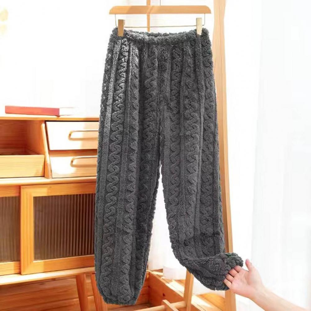 Mid-rise Elastic Waistband Wide Leg Shrinkable Cuffs Sleep Pants Women Winter Solid Thickened Coral Fleece Casual Sleep Bottoms